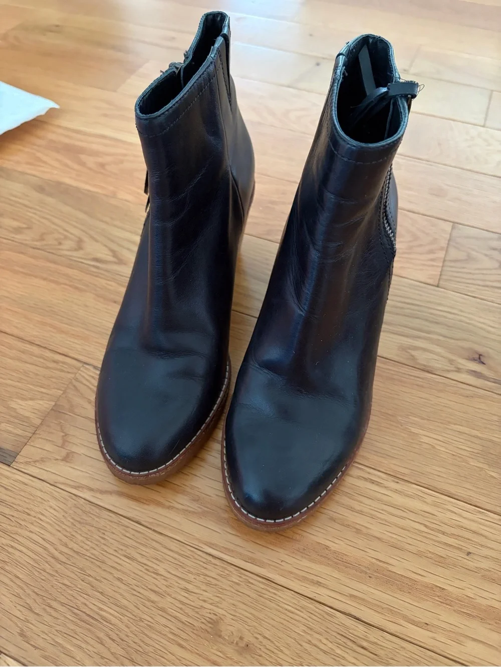 Weatherproof Black Leather Wedge Ankle Boots with Tan Wedge